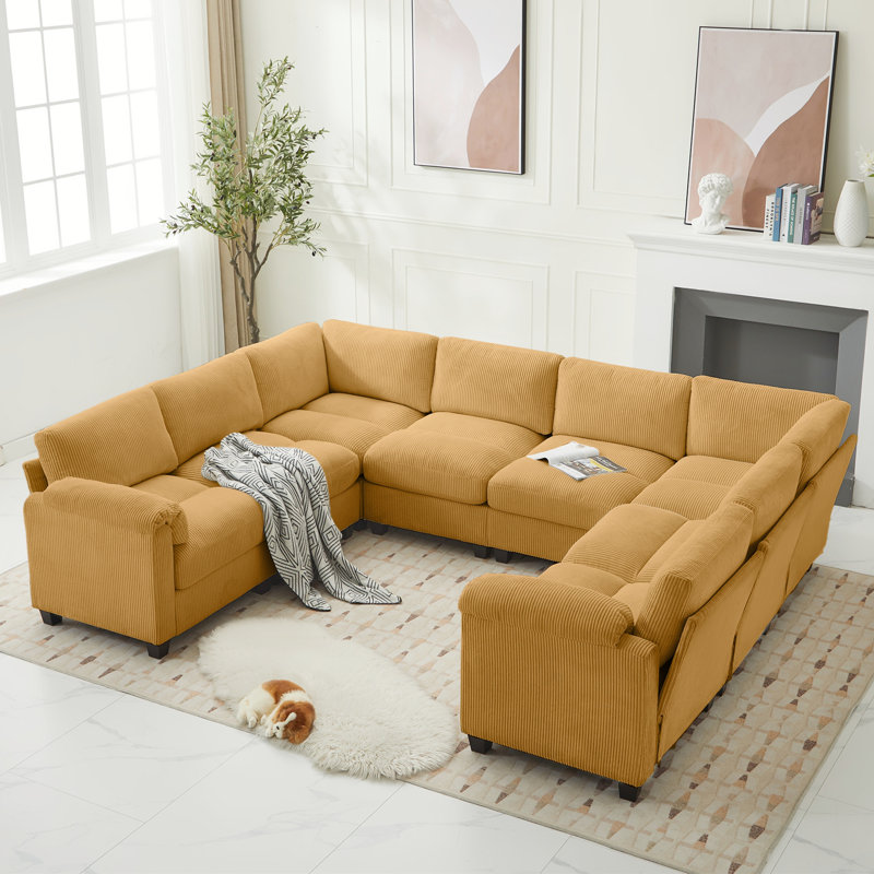 8-Piece Upholstered U Shaped Corduroy Sectional, Warmth Yellow Corduroy