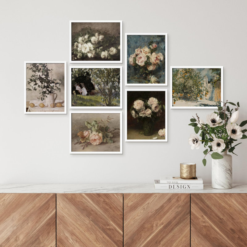 «Vintage Bouquet Nature Wilderness», 7 pièces sur papier, Blanc, H 14 po x l 11 po