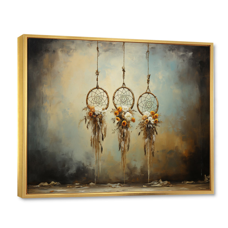 «Beige Dream Catcher Rustic Charm II», reproduction sur toile, Cadre flottant doré, H 16 po x l 32 po x P 1 po