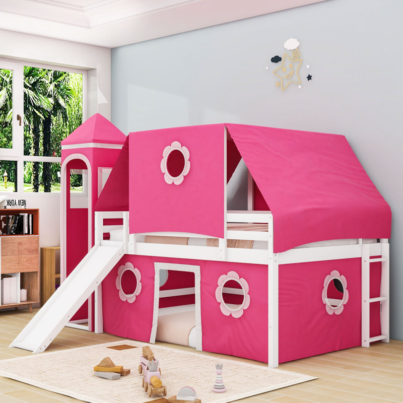 Lit mezzanine simple avec glissade et maisonnette, Full
