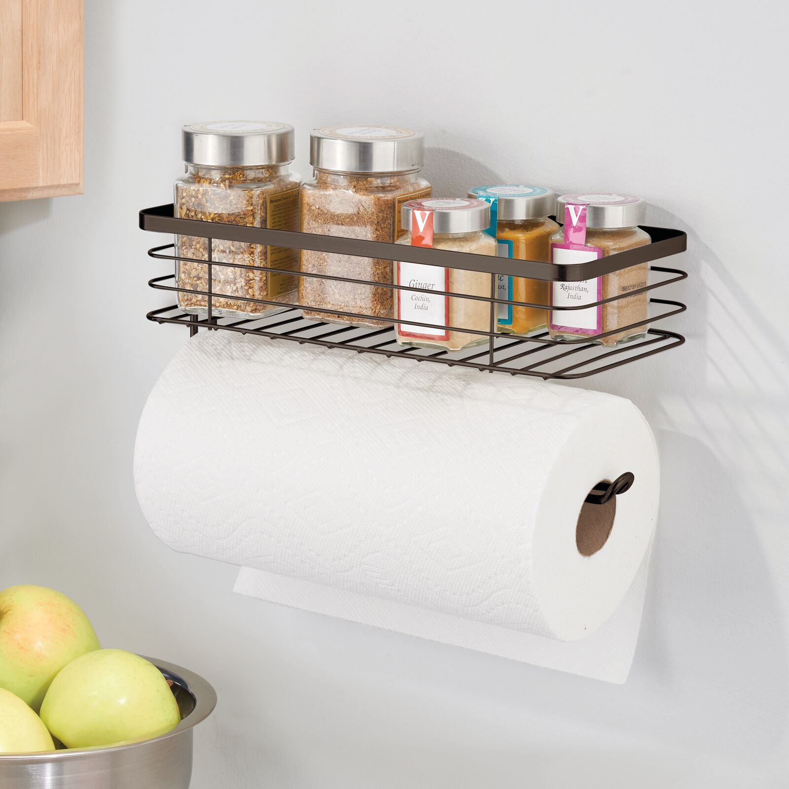 mDesign Steel Horizontal Wall Mounted Paper Towel Holder with Basket
