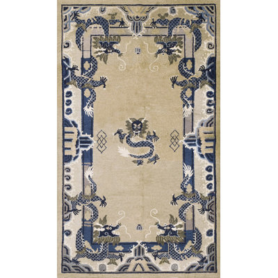 Ivory and Blue Small Scatter Size Antique Chinese Dragon Design Peking Rug