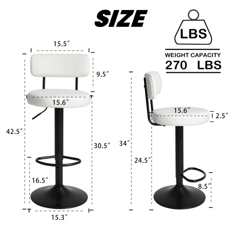 Ensemble de 2 tabourets de bar modernes à hauteur réglable (24,5 po à 30,5 po), pivotant à 360 ° et dossier incurvé pour la cuisine ou la maison