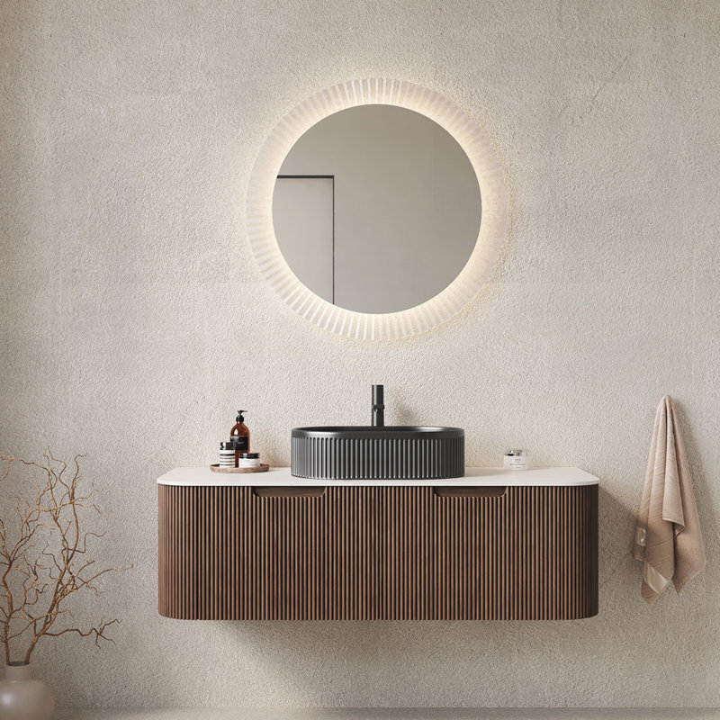 Armoire de salle de bain 48 po avec lavabo, meuble de rangement mural à bordures courbes et flottantes avec tiroir, Noyer