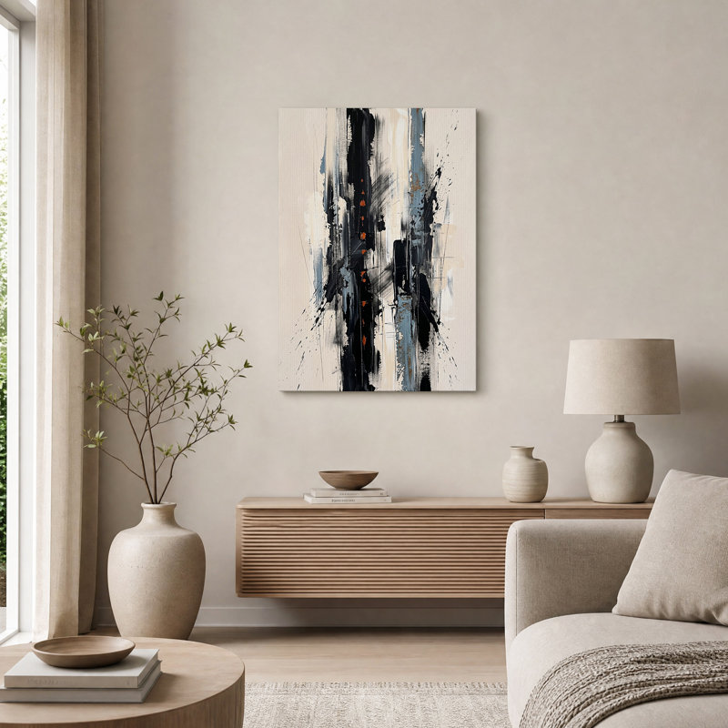 Tableau abstrait à coups de pinceau verticaux noirs, beiges et oranges sur toile, 24"H x 18"W