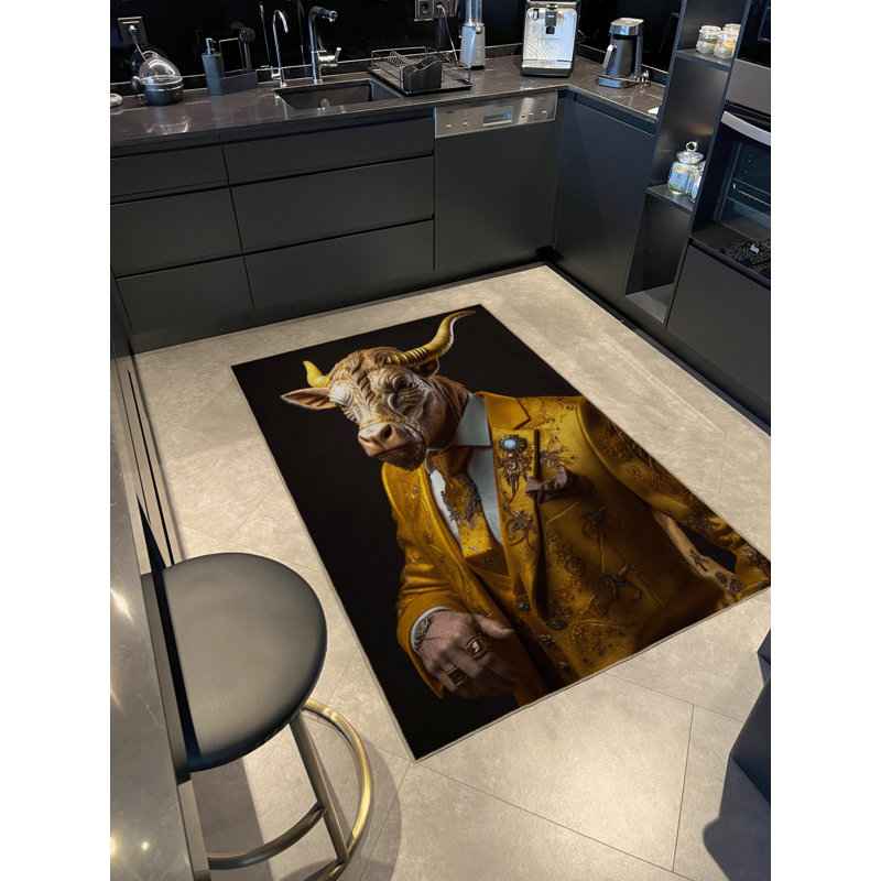 Tapis noir à motif de chèvre, Rectangle 4 pi 7,12 po x 6 pi 6,74 po