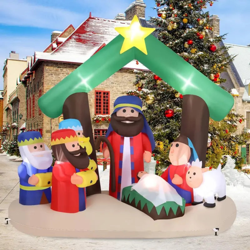 Ensemble de crèche de Noël de 6,5 pi, décoration gonflable de Noël, décorations de Noël illuminées avec piquets de sécurité, ventilateur électrique pour les fêtes de Noël