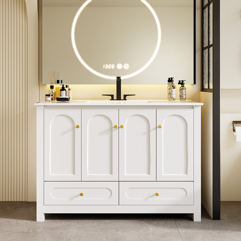 Meuble-lavabo flottant 48 po avec lavabo en céramique, armoires et tiroirs étanches à fermeture en douceur, rangement mural moderne pour salle de bain contemporaine