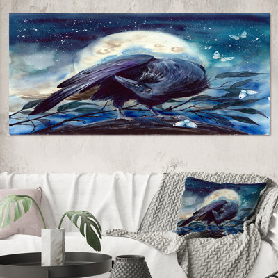 " Raven on The Tree Branch with Shining Moon " Watercolor Print