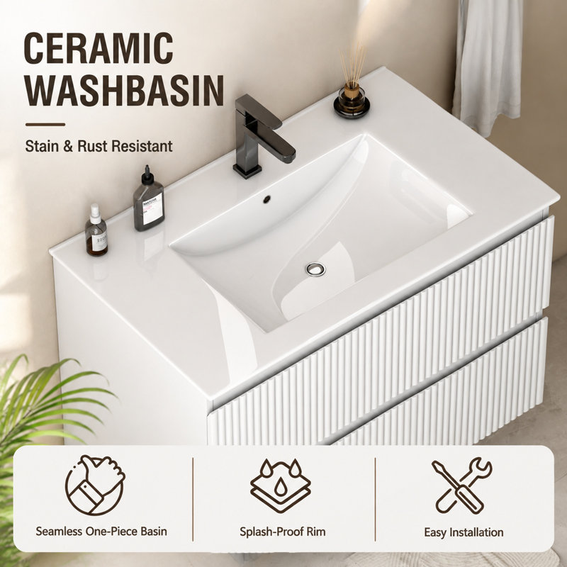 Meuble-lavabo suspendu blanc de 76 cm avec lavabo en céramique, meuble-lavabo mural moderne cannelé avec 2 tiroirs à fermeture en douceur pour salle d'eau