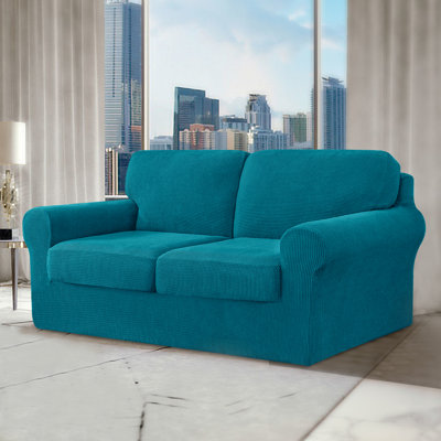 Non‑Slip Multiple Pieces Stretch Couch Covers,Soft Jacquard Washable Sofa Slipcovers, Universal Fit Furniture Protector for Daily Use with Pets & Kids (Loveseat,Teal)