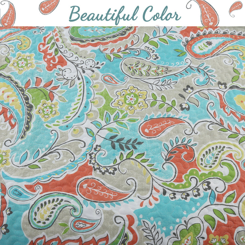 Queen Size Blue Cotton Reversible Paisley Quilt Set