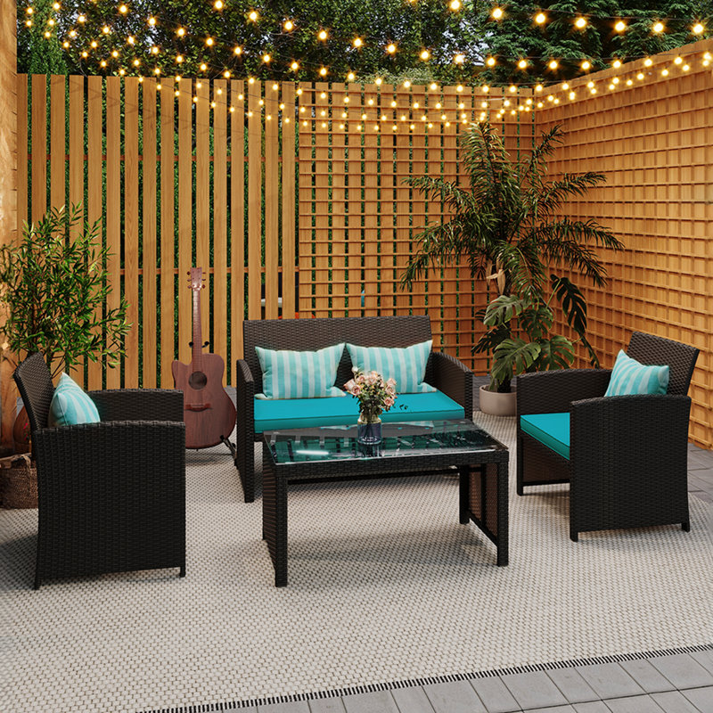 Wicker Outdoor Seating Group with Cushions, Beige Cushion/Gray Frame