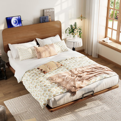 Size Natural Solid Bamboo Floating Platform Bed With Headboard & Built-In Usb/Type-C Ports, No Box Spring Needed, Support Slats For Bedroom & Guest Rooms