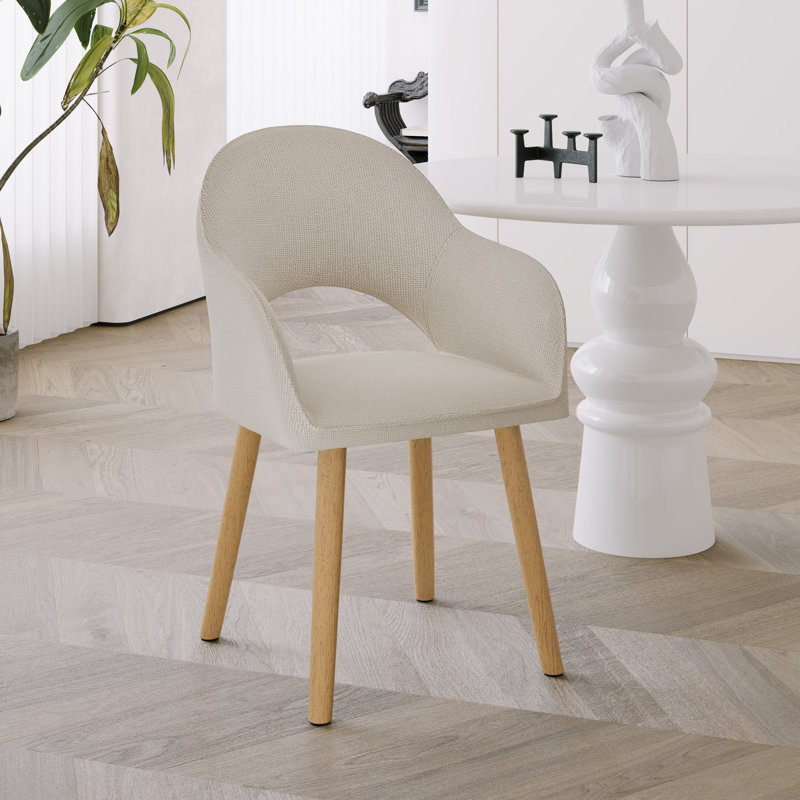 49.5cm H Modern Solid Wood Legs Upholstered Dining Chair with Arm, Beige Linen/Natural