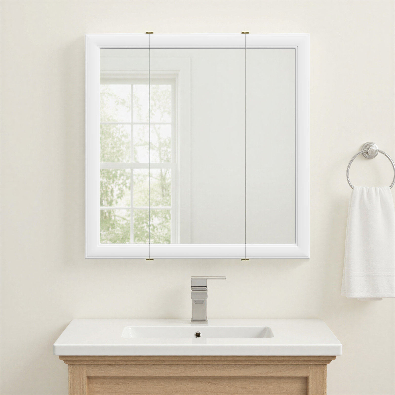 Bathroom Medicine Cabinet, Wall Mounted, Mirror, White, 30" H x 30" W x 5.24" D