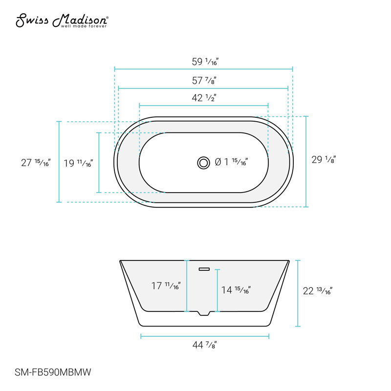 Claire 60" Freestanding Bathtub, Matte Black/Matte White