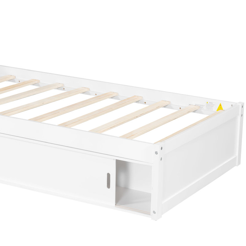 Lit plateforme simple en L avec lit gigogne, armoires de rangement, bureau et lumière DEL pour enfants ou chambre d'amis, blanc