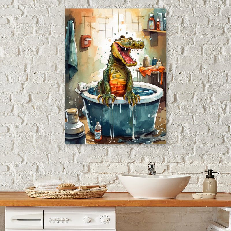 «Green Gator In The Tub - Crocodile Bathroom», reproduction d'art sur toile, H 32 po x l 24 po x P 1 po