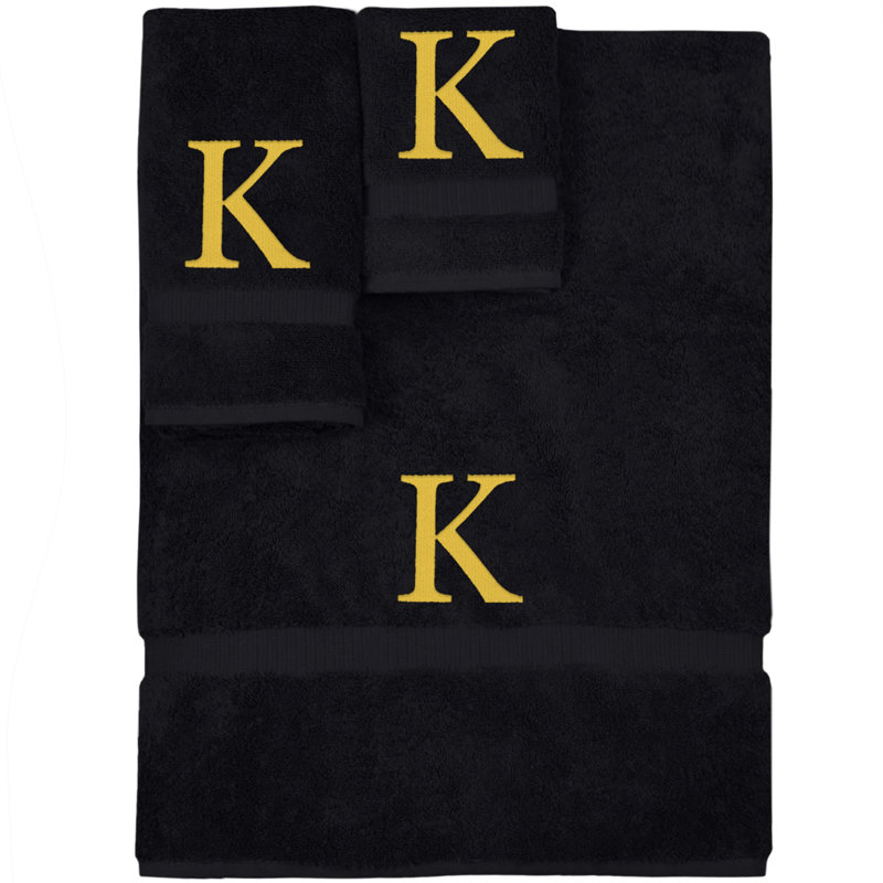 Ensemble de serviettes monogrammées - ensemble de 3 - lettre-bloc, K, Noir / or