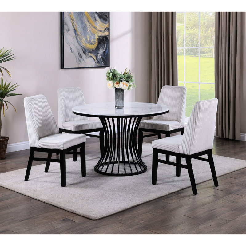 Table de salle à manger moderne moderne en faux marbre avec base en forme de cage en noir et blanc