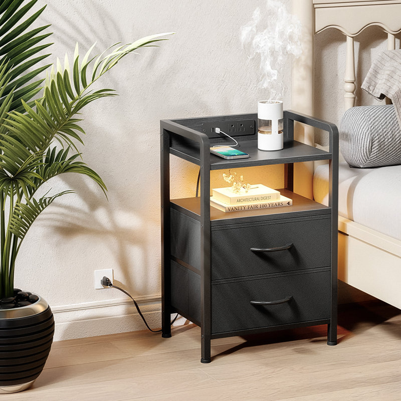 2 Drawer Nightstand with Charging Station & LED Light Strip, Black