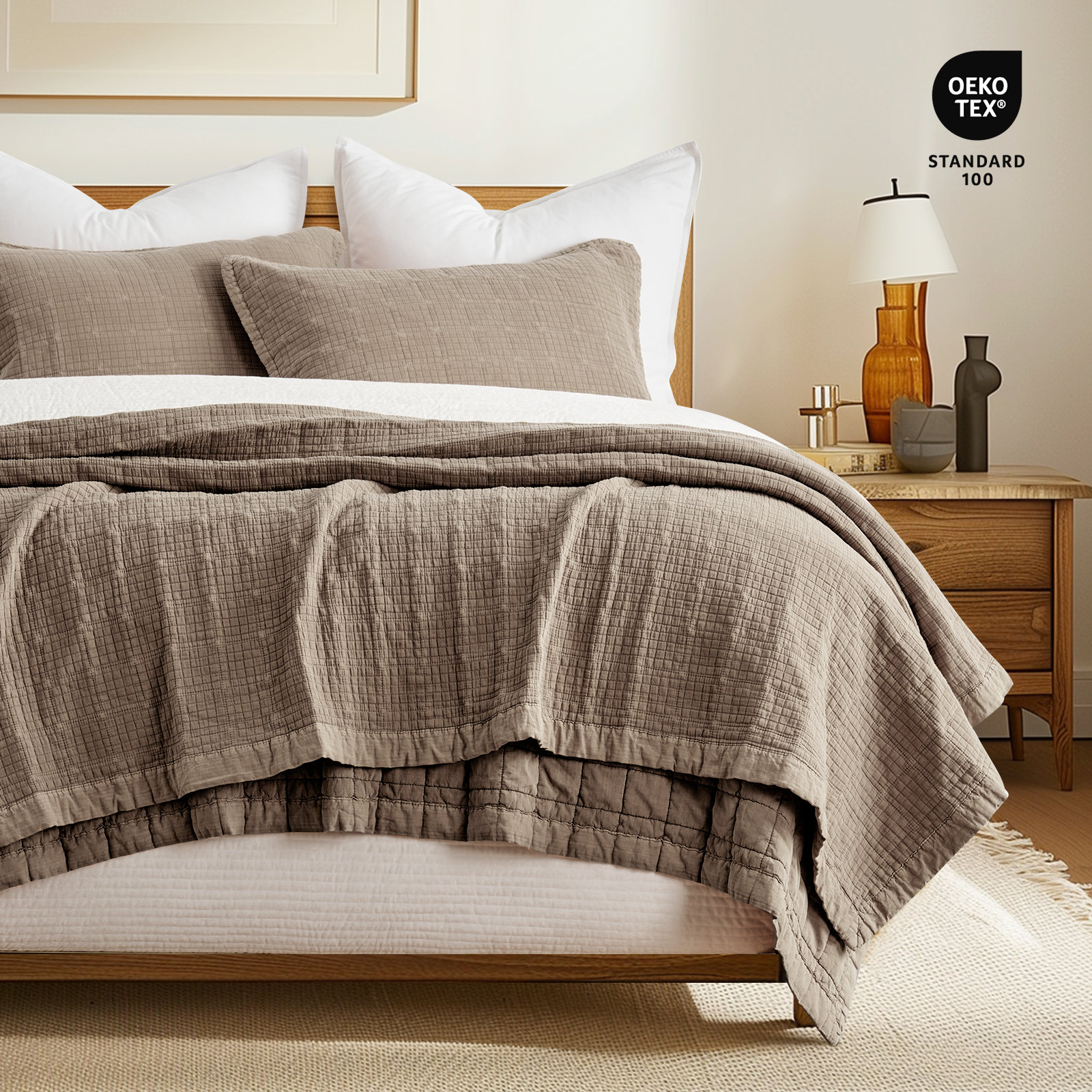 Stonewashed Crinkle Cotton Box Stitch Quilt Set, Mocha Brown, Queen Quilt + 2 Queen Shams