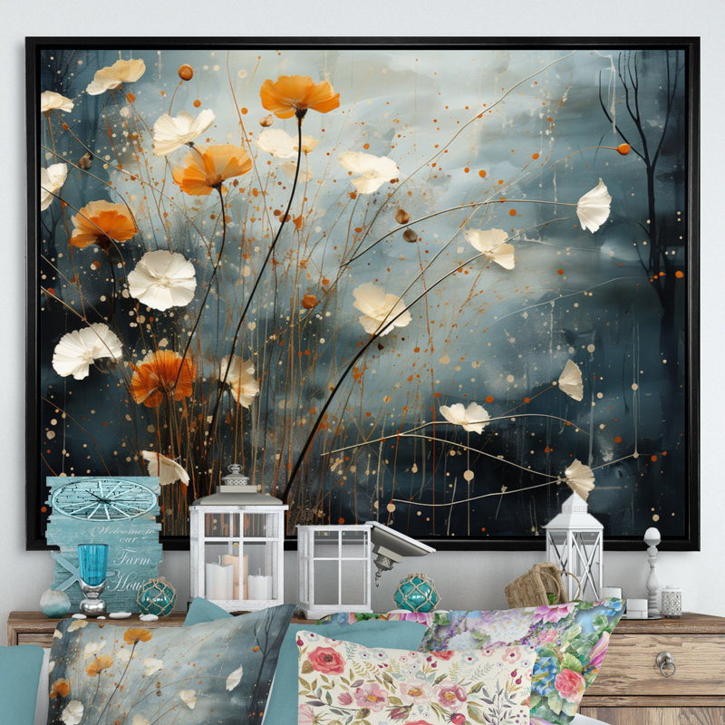 Coral Dandelion Floral Symphony III sur impression sur toile, H 16 po x l 32 po x P 1 po, Cadre flottant noir