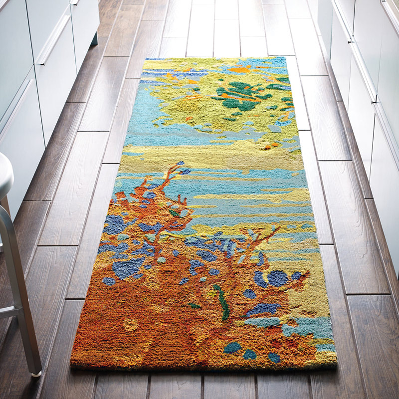 Landscape Floral Handmade Tufted Wool Teal/Yellow/Blue Area Rug, Runner 2'6" x 8'