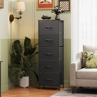Fabric Dresser, 5-Drawer Tall Dresser for Bedroom, Storage Dresser Organizer with Fabric Bins, Wood Top, Sturdy Steel Frame, Chest of Drawers for Clos
