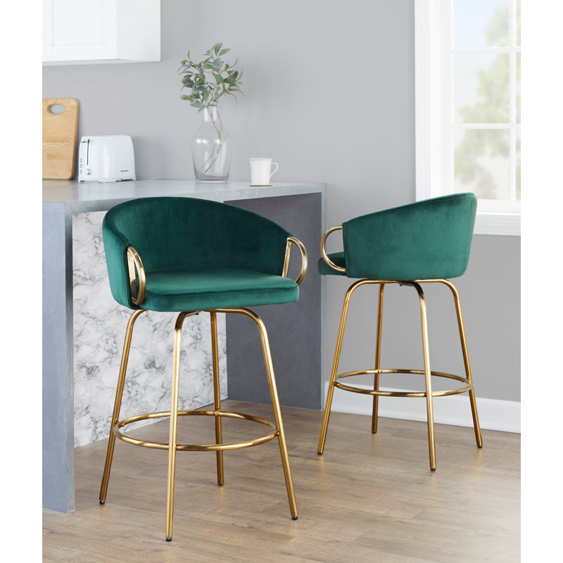 Josie 26" Fixed-Height Velvet Counter Stools with Gold Metal Legs & Round Footrest, Green