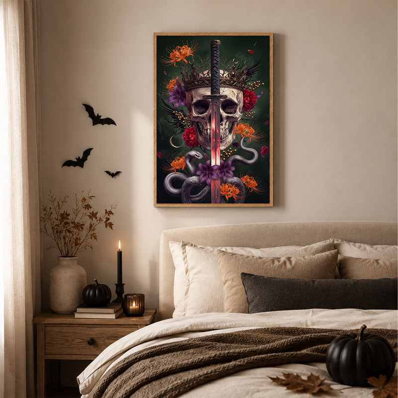 Impression sur toile, crâne gothique couronné d'une épée lumineuse et d'Halloween, H 36 po x l 24 po