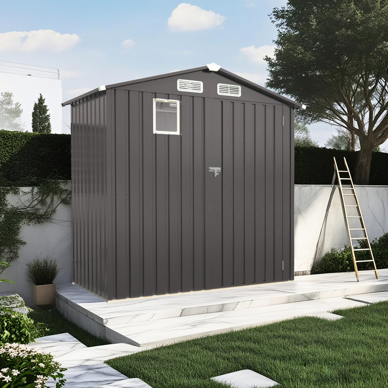 Remise de rangement extérieure en métal 6 x 3,5 pi avec toit en pointe et porte verrouillable - Acier galvanisé rouille, dimension dorée pour un rangement ordonné, utilisation multifonctionnelle en gris, porte idéale pour outils de jardinage quotidien