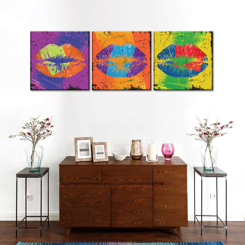 Halftone Grunge Lips - 3 pièces, impression panoramique sur toile tendue, H 36 po x l 110 po x P 1,25 po