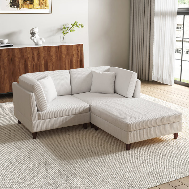 3 - Piece Upholstered Beige Corduroy Modular Sectional with Pillow Back and Removable Ottoman, Beige Corduroy