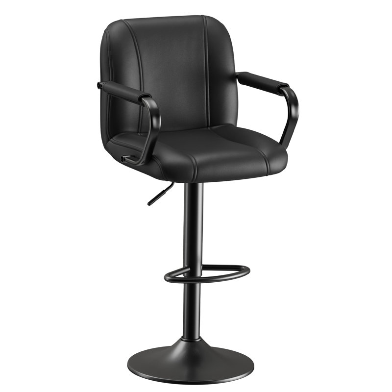 Tavion Adjustable Swivel Faux Leather Bar Stool with Armrests and Footrest, Black, Black