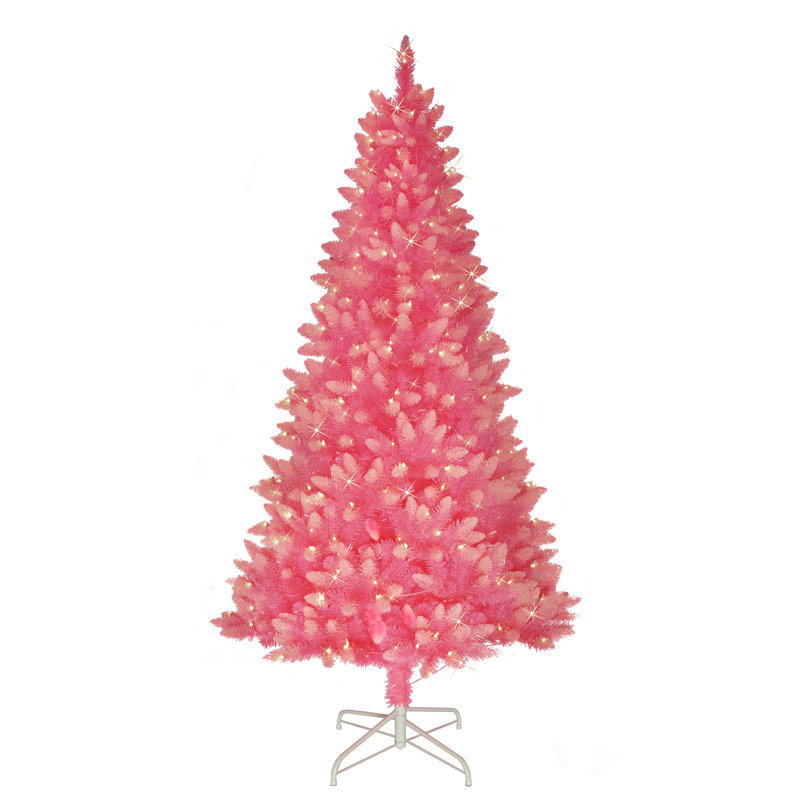 6' 5" H Pink Realistic Artificial Spruce Flocked/Frosted Christmas Tree with 300 Incandescent Steady/Constant Lights