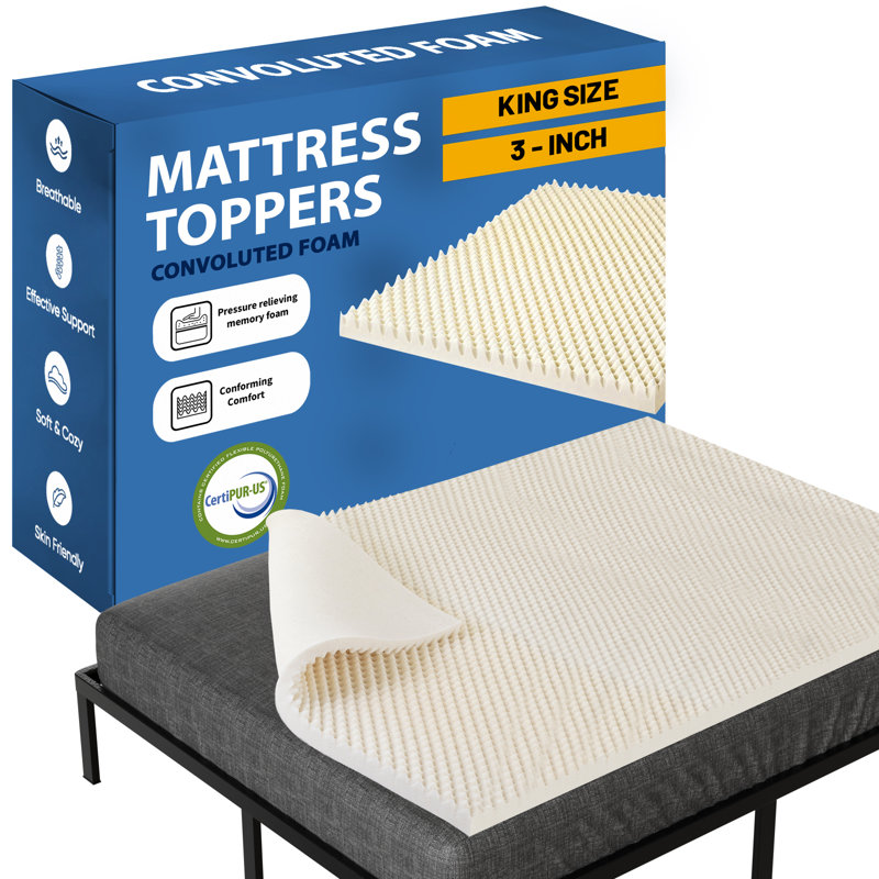 Convoluted Copper-Infused Memory Foam Mattress Toppers, Queen, 3"