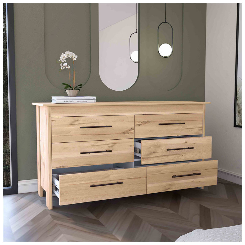 Commode double, 6 tiroirs, plateau supérieur, chêne clair / blanc
