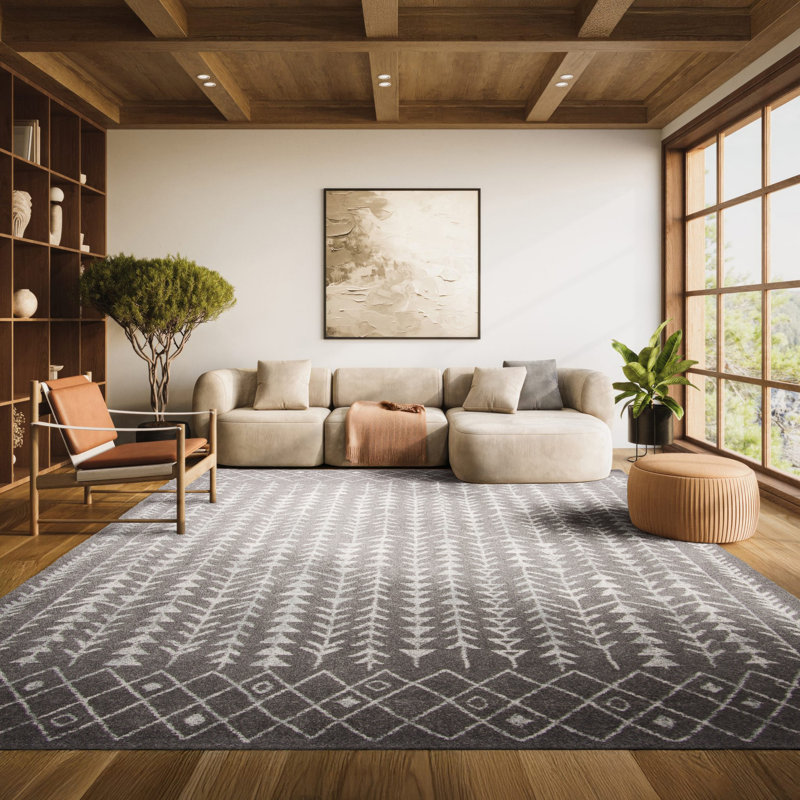Tapis gris foncé / ivoire Renshaw, Rectangle 8 pi x 10 pi