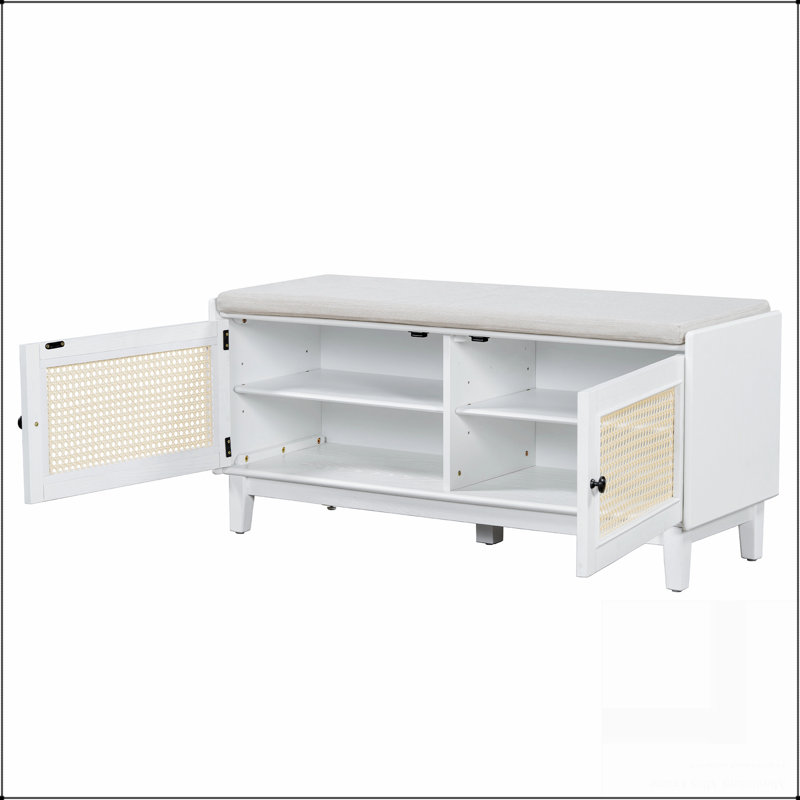 Banc d'entrée en rotin avec rangement Boho, Blanc