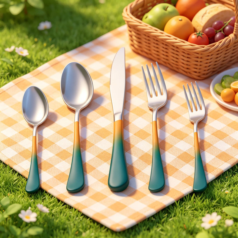 Ensemble de couverts 20 pièces pour 4 personnes, ensemble de couverts en acier inoxydable vert et orange 18/0 avec couteaux, fourchettes, cuillères, fourchettes à salade et cuillères à café, va au lave-vaisselle