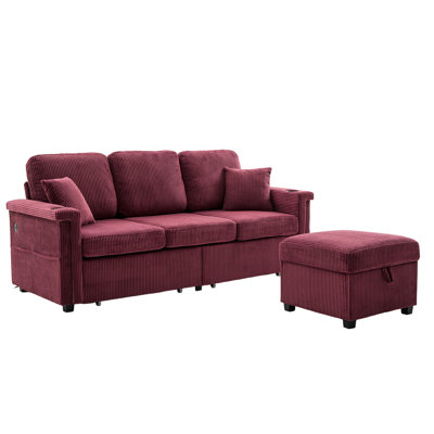 Wine Red 4 L-Shaped Convertible Sectional With Storage , Ports, And Cup Holders In Corduroy Fabric Charging, Holders, Multifunctional For Home