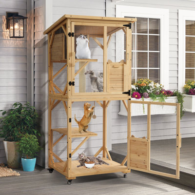 Enclos pour chat Hallvard avec griffoir d'extérieur - Grande maisonnette intérieure en bois pour chat à 4 niveaux avec toit imperméable