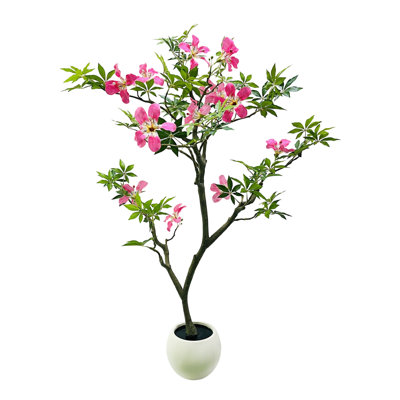 4 ft Artificial Flowering Tree with Lifelike Leaves, Faux Floor Plant with Pot for Living Room, Office, Entryway