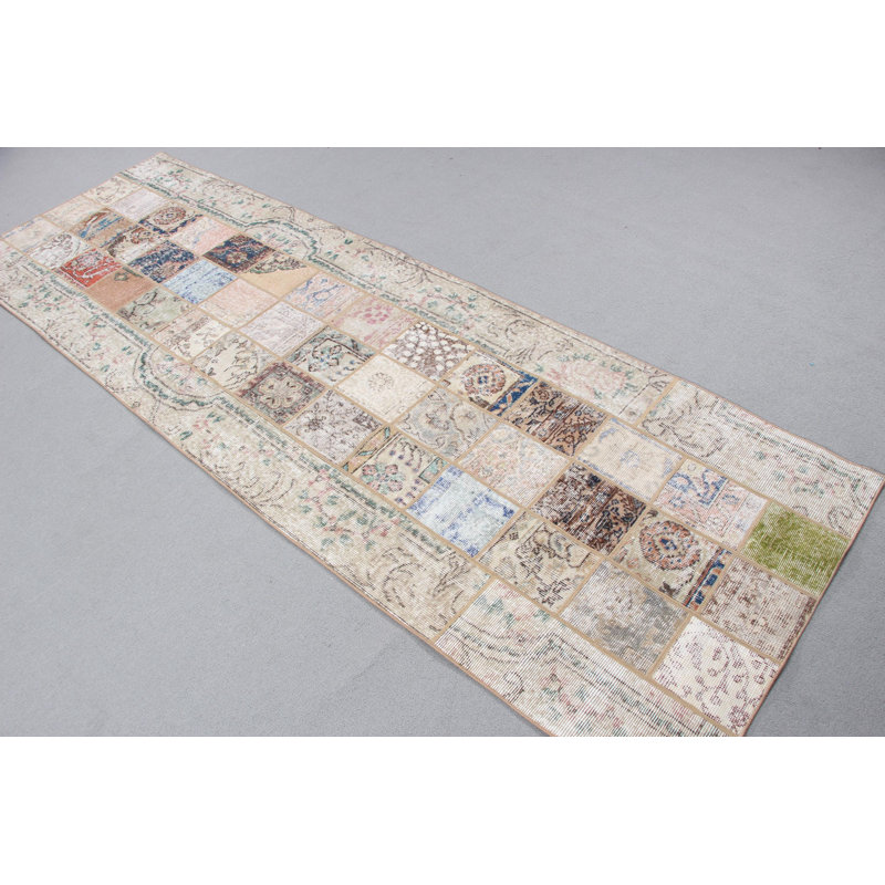 Tapis de couloir beige à motif patchwork turc beige
