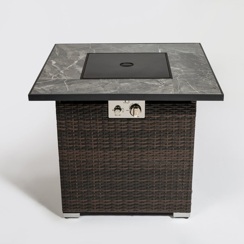 Table de foyer d'extérieur avec couvercle à gaz, pierres en verre et housse de pluie