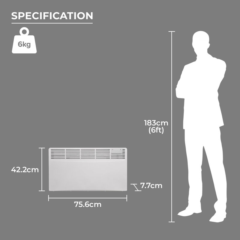 Adam Electric Radiator Space Heater with Adjustable Thermostat, 42.2cm H x 75.6cm W x 7.7cm D, 2000W