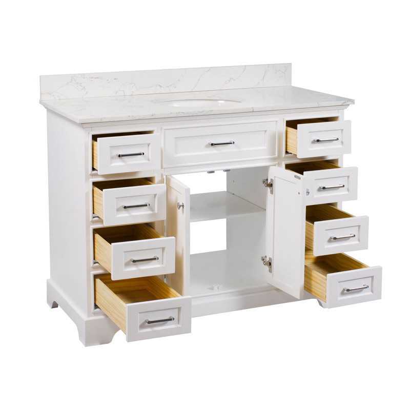 Ronnie 22" D x 35" H Single Bathroom Vanity with White Cabinet and Engineered Marble Countertop, White, Engineered Marble