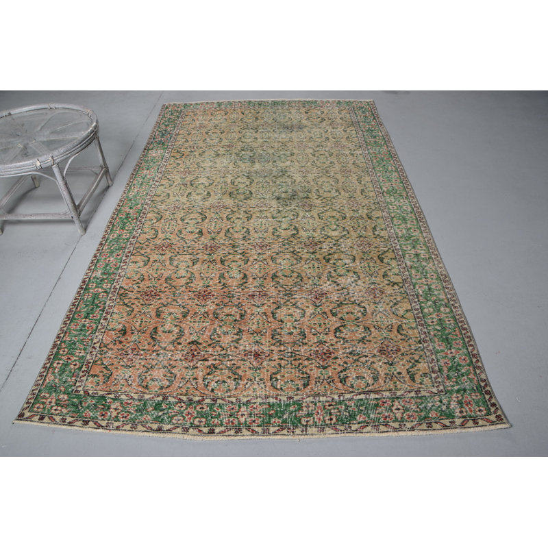 Grand tapis turc Anatolian rétro tissé à la main en vert vibrant pour la chambre à coucher et la salle à manger